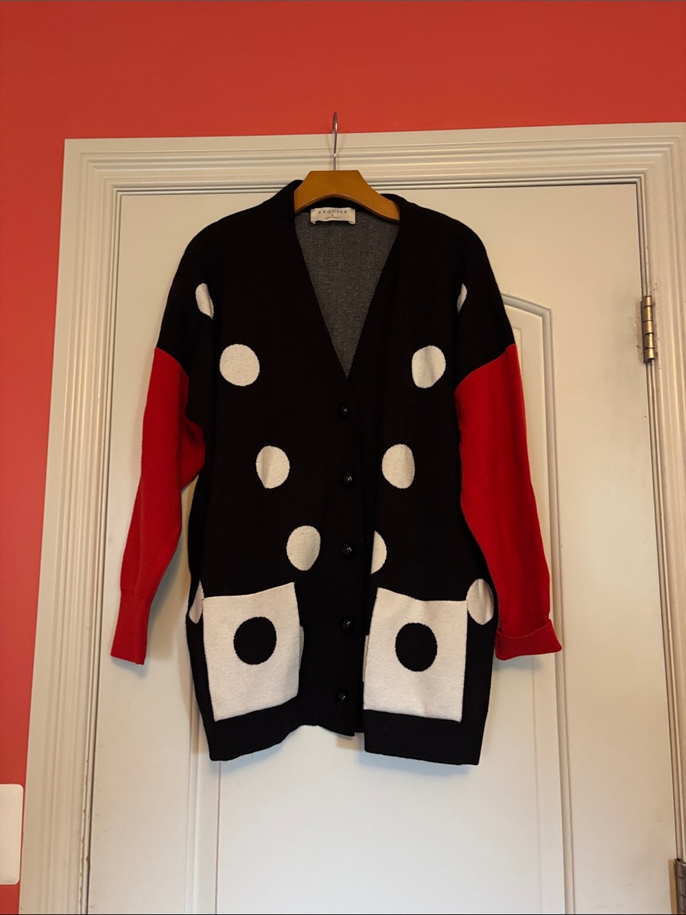 EXQUISE Black Cardigan with White Pola Dots, Red Sleeves. Size Medium